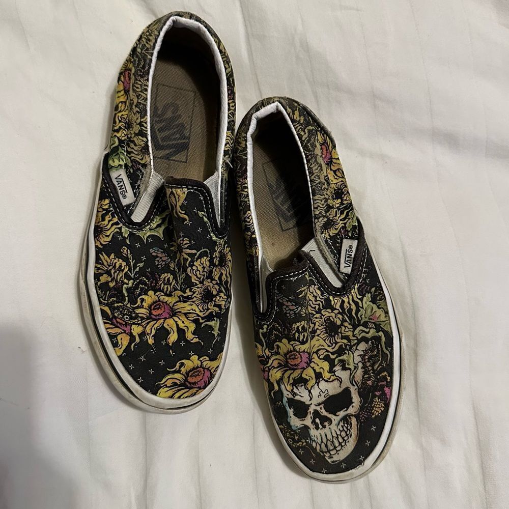 Rare Van Gogh sunflower and skull slip on vans